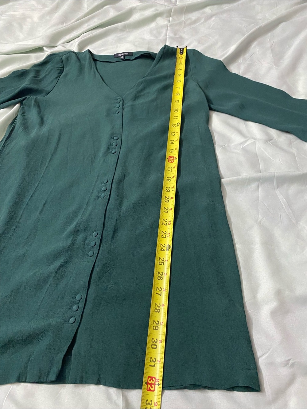 Madewell Teal Green Button-Front Mini Dress - Size M - Long Sleeve V-Neck - Picture 7 of 9